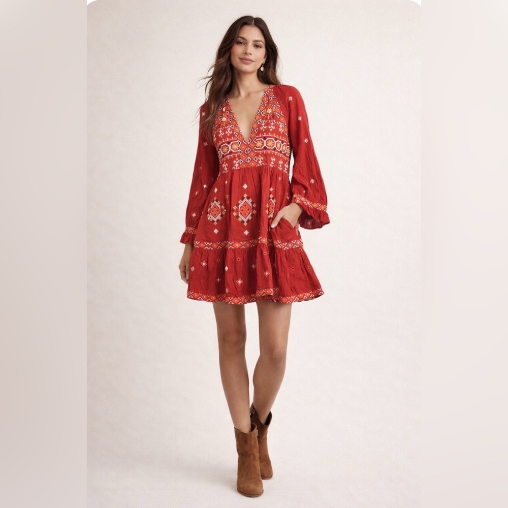 Anthropologie Embroidered Boho Peasant Dress Red Long Sleeve Lined Pockets Sz L